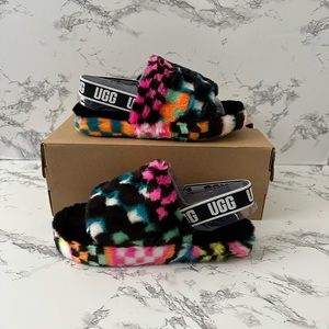UGG Fluff Yeah Checkered Multi Slippers Slides Black Pink